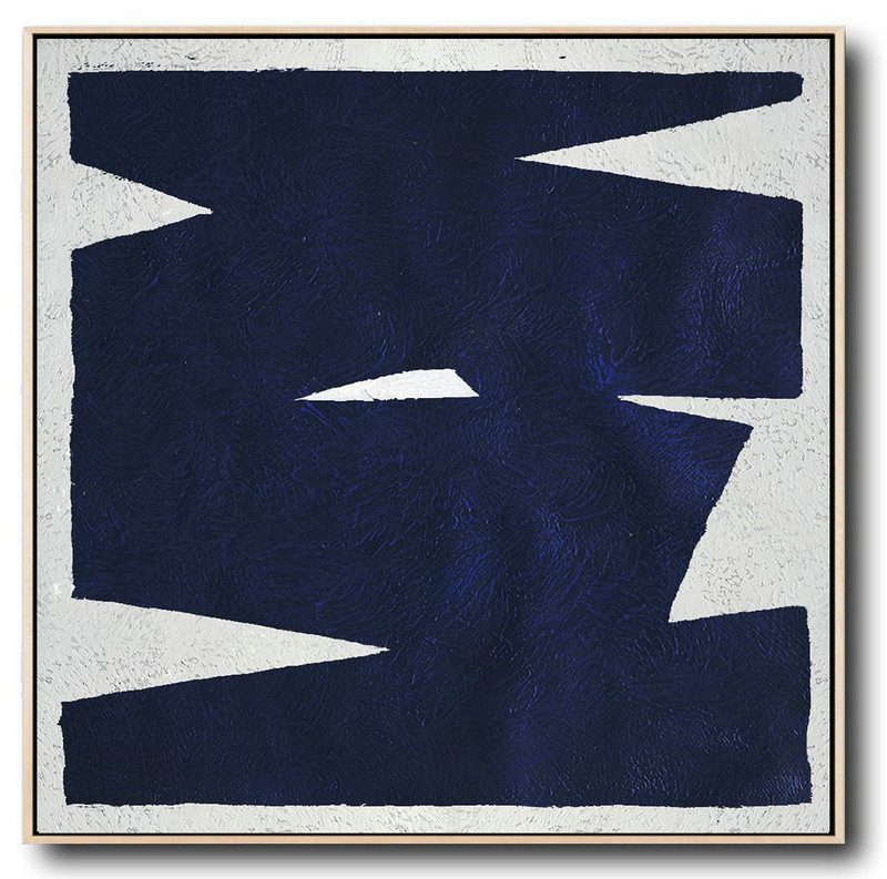 Minimalist Navy Blue And White Painting,Extra Large Artwork #F1O8